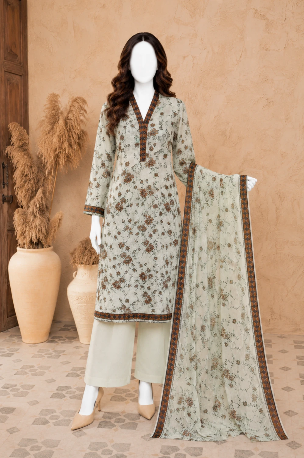 Mint Flora Printed 3 Piece Lawn Suit