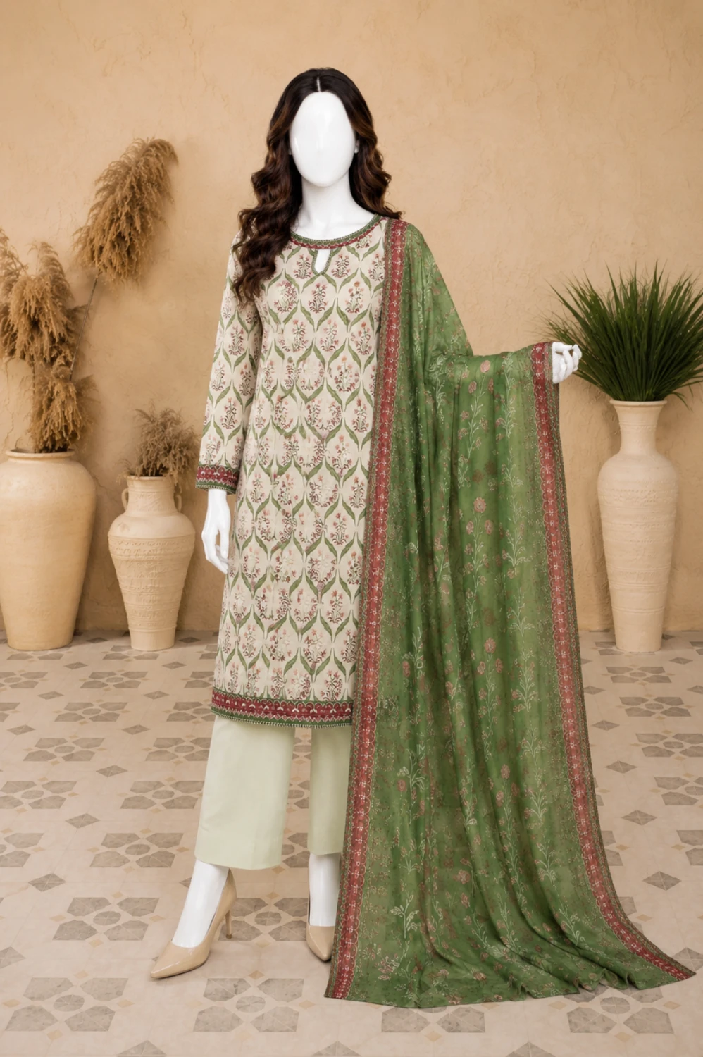 Mehreen Ivory Green Printed 3 Piece Lawn Suit