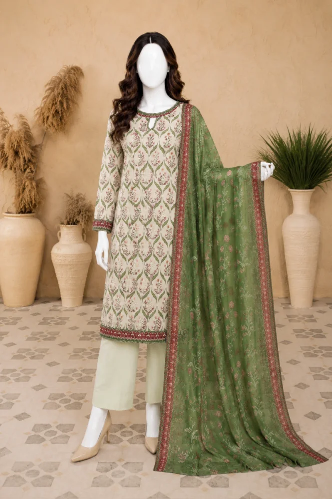 Mehreen Ivory Green Printed 3 Piece Lawn Suit