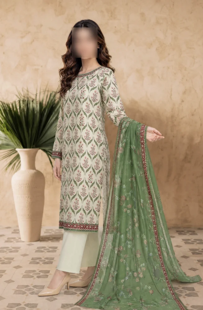 Mehreen Ivory Green Printed 3 Piece Lawn Suit