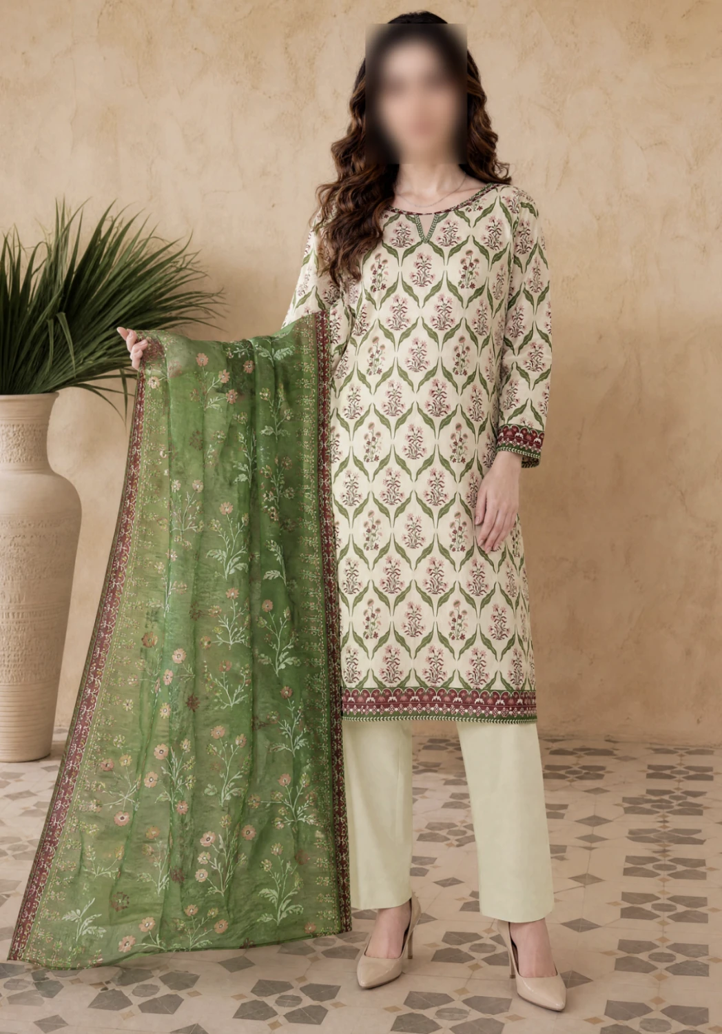 Mehreen Ivory Green Printed 3 Piece Lawn Suit