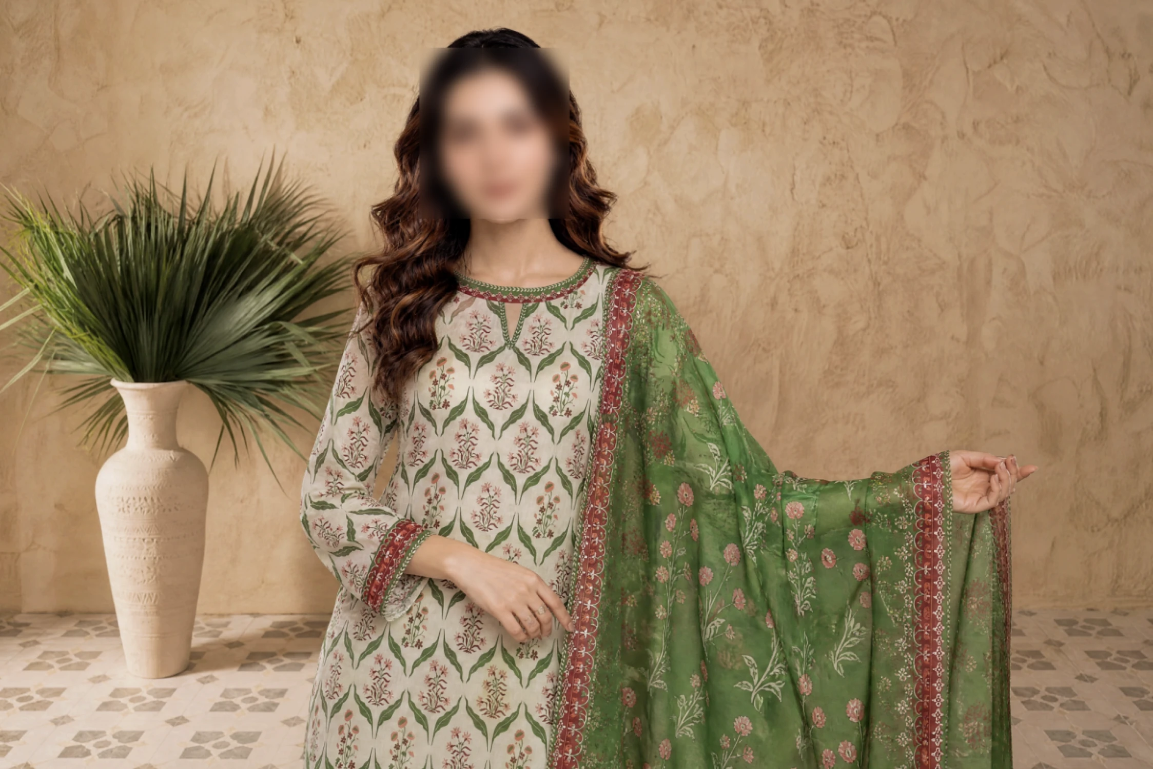 Mehreen Ivory Green Printed 3 Piece Lawn Suit