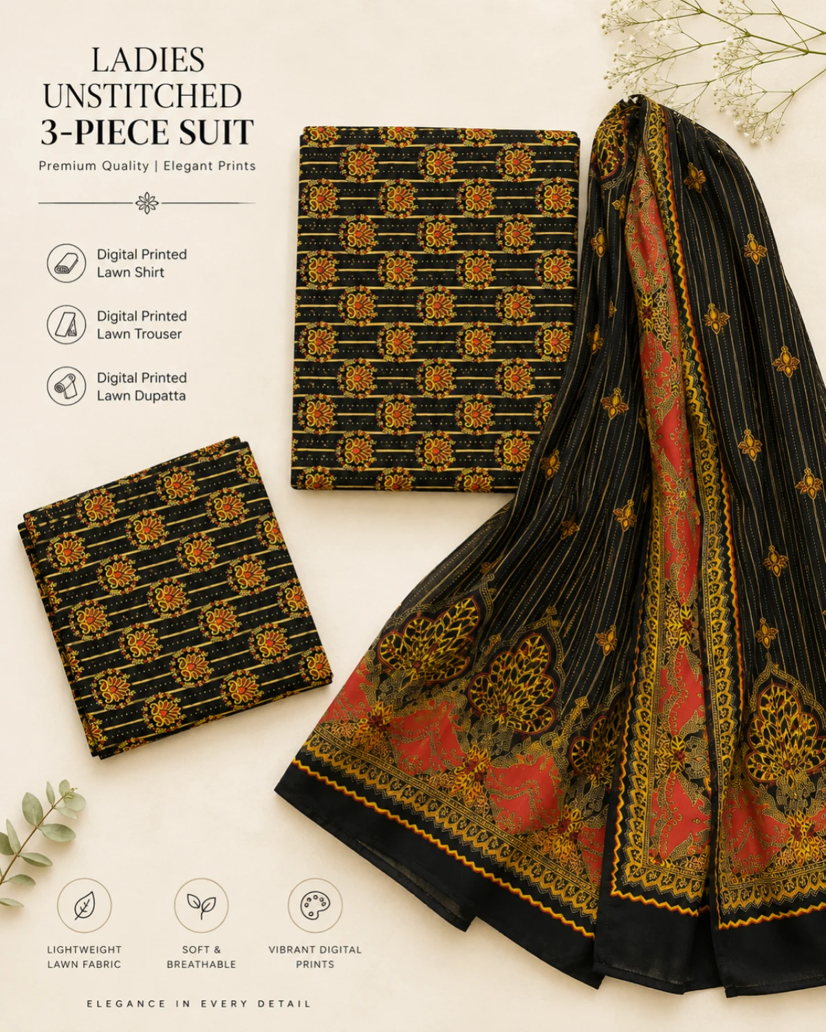 Rida Traditional Printed 3 Piece Suit