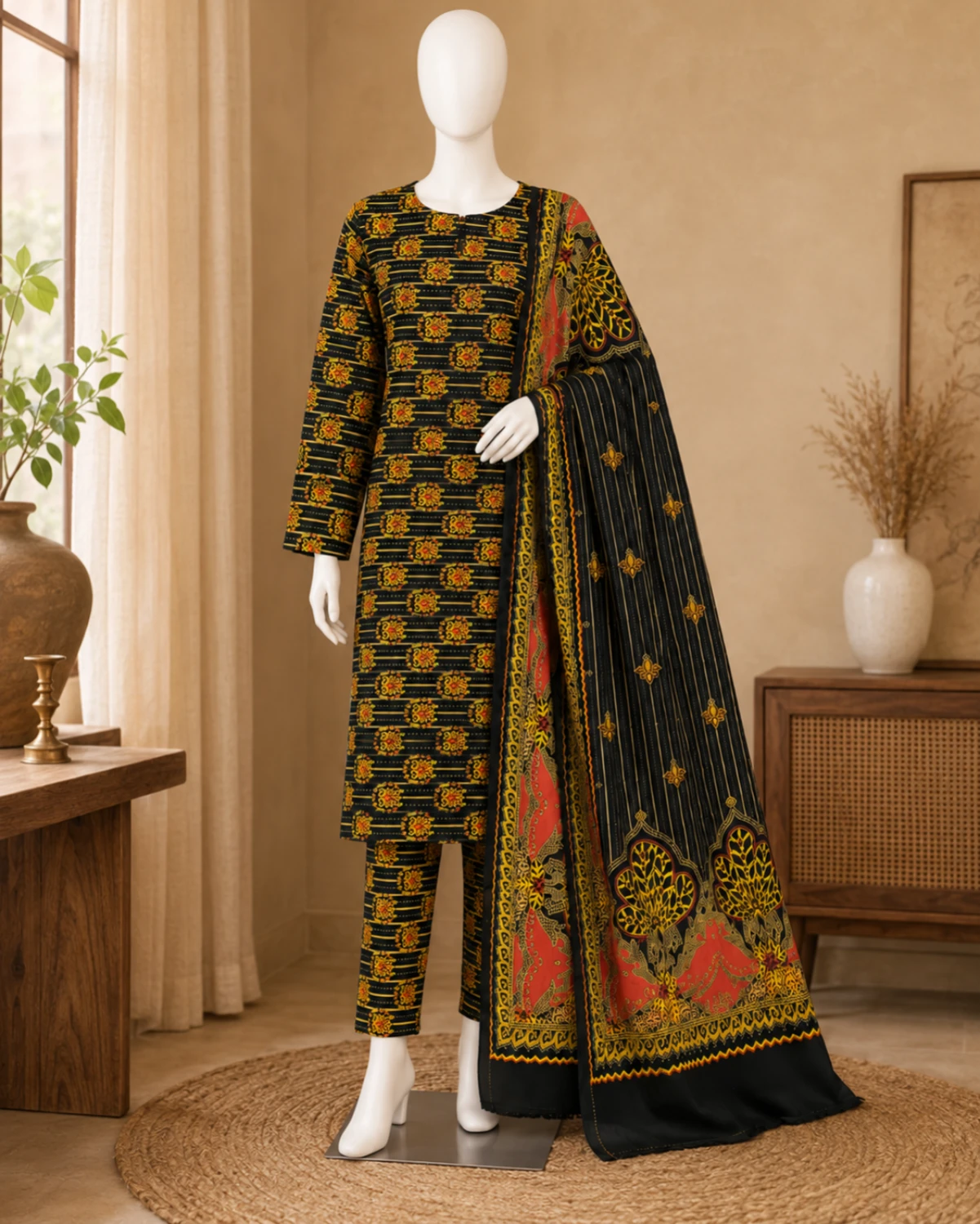 Rida Traditional Printed 3 Piece Suit