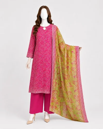 Pink & Lime Printed 3 Piece Lawn Suit 1