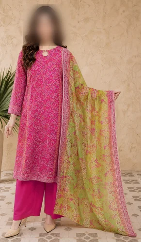 Pink & Lime Printed 3 Piece Lawn Suit 3